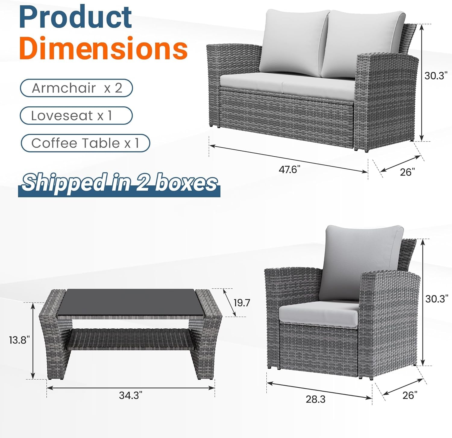 4 Piece Patio Furniture Set, Wicker Outdoor Patio Conversation Furniture Set, All Weather Outdoor Patio Sofa with Cushion and Glass Table, Ash Gray
