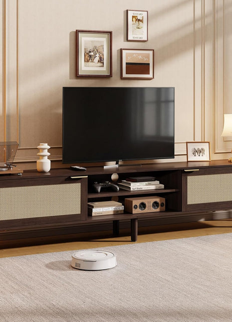 Mid-Century Modern Rattan TV Stand for Living Room - Supports Up to 80 Inch TVs, Includes Adjustable Shelves and Two Storage Cabinets, Walnut Finish, 71 Inches