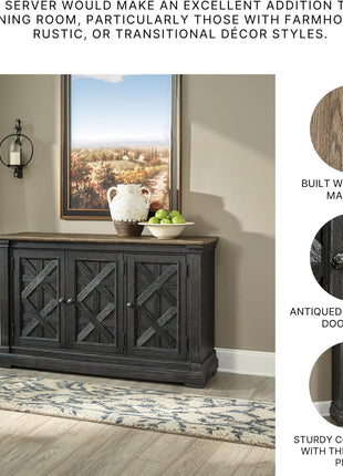 Tyler Creek Vintage Casual Dining Room Buffet Cabinet by Signature Design by Ashley, Featuring Lattice Design, Three Doors, Wood Construction, 36" Height, Black and Gray Finish