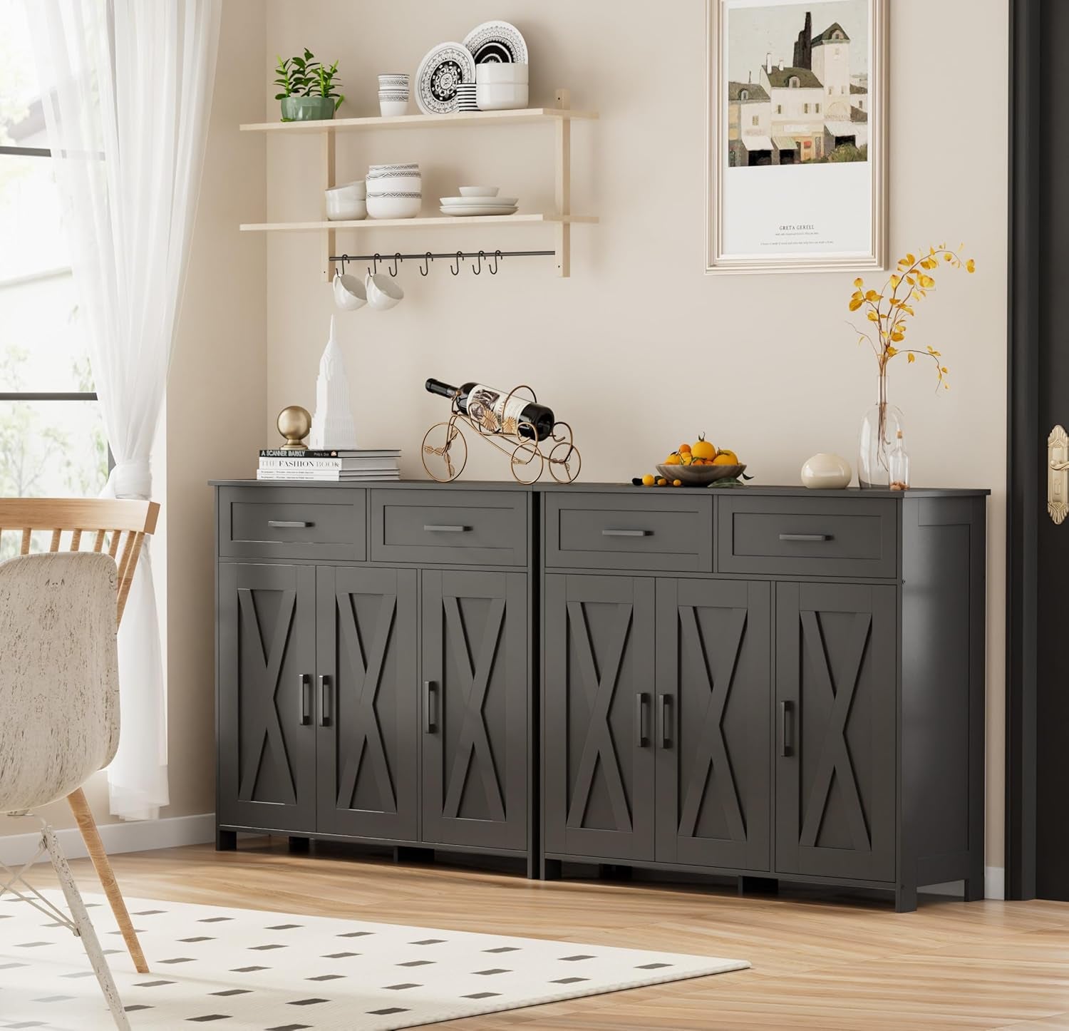 Sideboard Buffet Cabinet, Coffee Bar Storage Cabinet with Drawers and Doors, Farmhouse Kitchen Cabinet with Adjustable Shelves, for Kitchen, Dining Room, Living Room, Black