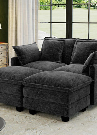 58-Inch Modular Sectional Loveseat with Deep Seating, Removable Washable Pillows, and Ottomans - Perfect for Living Room, Bedroom, or Apartment in Black