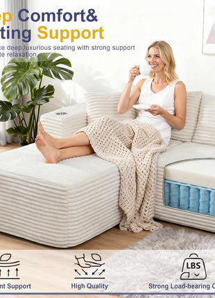 Elevate Your Living Space with Our Luxurious Boneless Modular Sectional Sofa - Memory Foam Comfort, Spacious L-Shaped Chaise, and Built-in Cup Holders in Elegant White Corduroy, No Assembly Required.