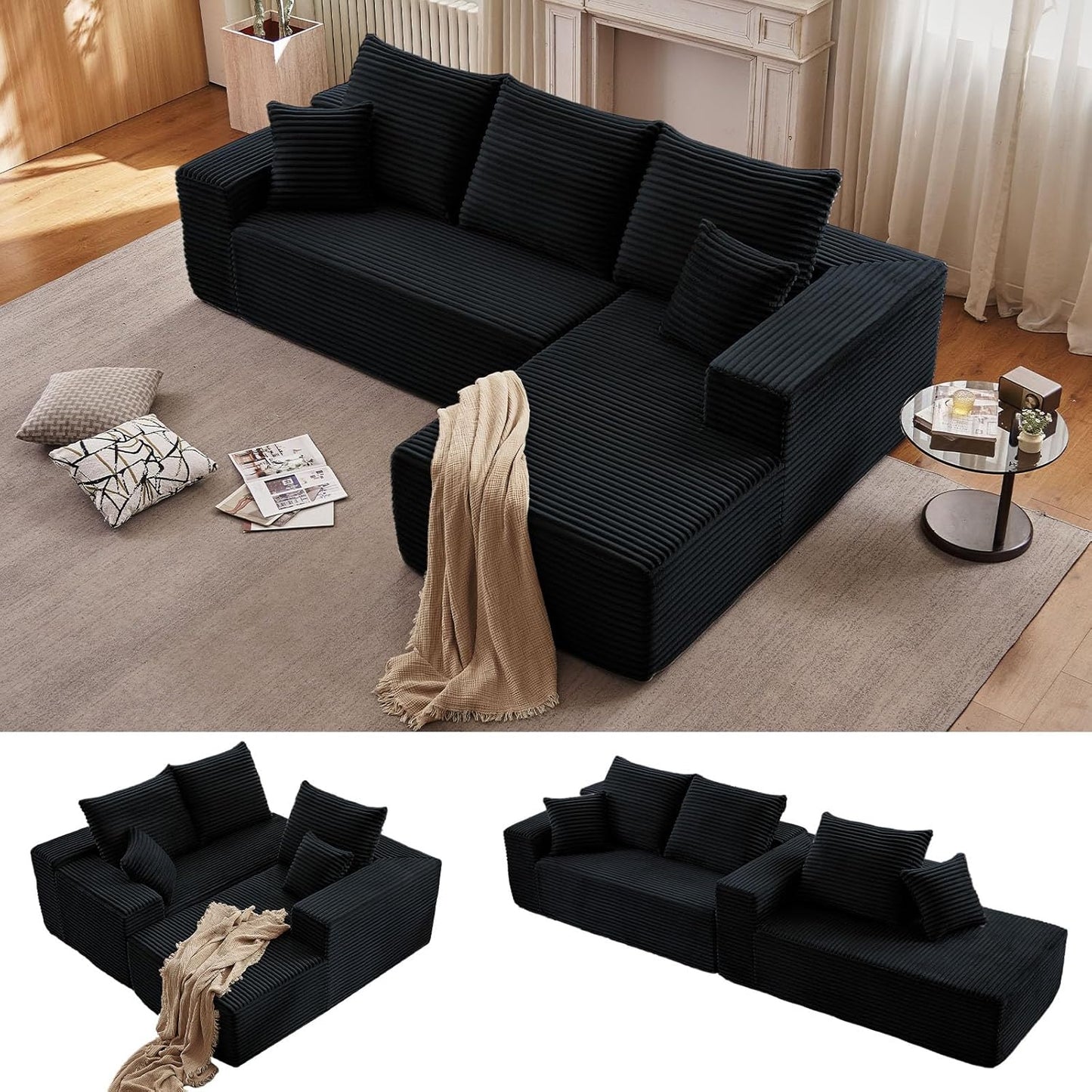 96" Cloud Sectional Couch with L-Shape Chaise, Modern Corduroy Boneless Couch for Living Room,Memory Foam Sofa with Deep Seat,No Assembly Required (Black,Right-Facing Chaise)