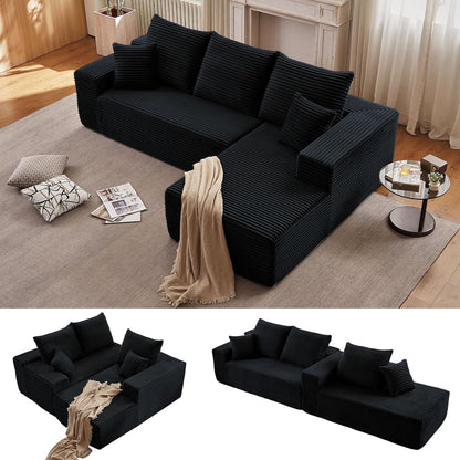 96" Cloud Sectional Couch with L-Shape Chaise, Modern Corduroy Boneless Couch for Living Room,Memory Foam Sofa with Deep Seat,No Assembly Required (Black,Right-Facing Chaise)