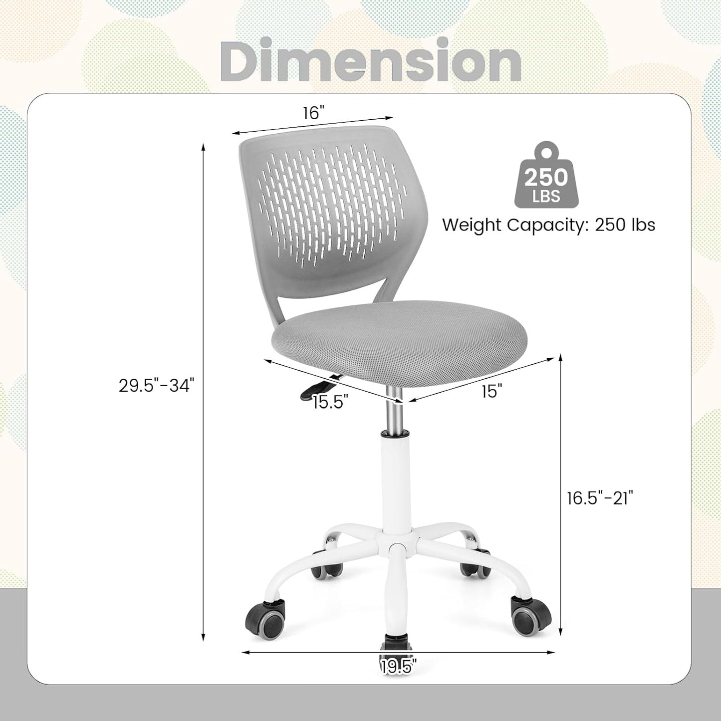 Small Home Office Desk Chair, Swivel Rolling Study Computer Chair, Adjustable Height Task Chair with Armless Mid Back, Upholstered Mesh Seat, Grey