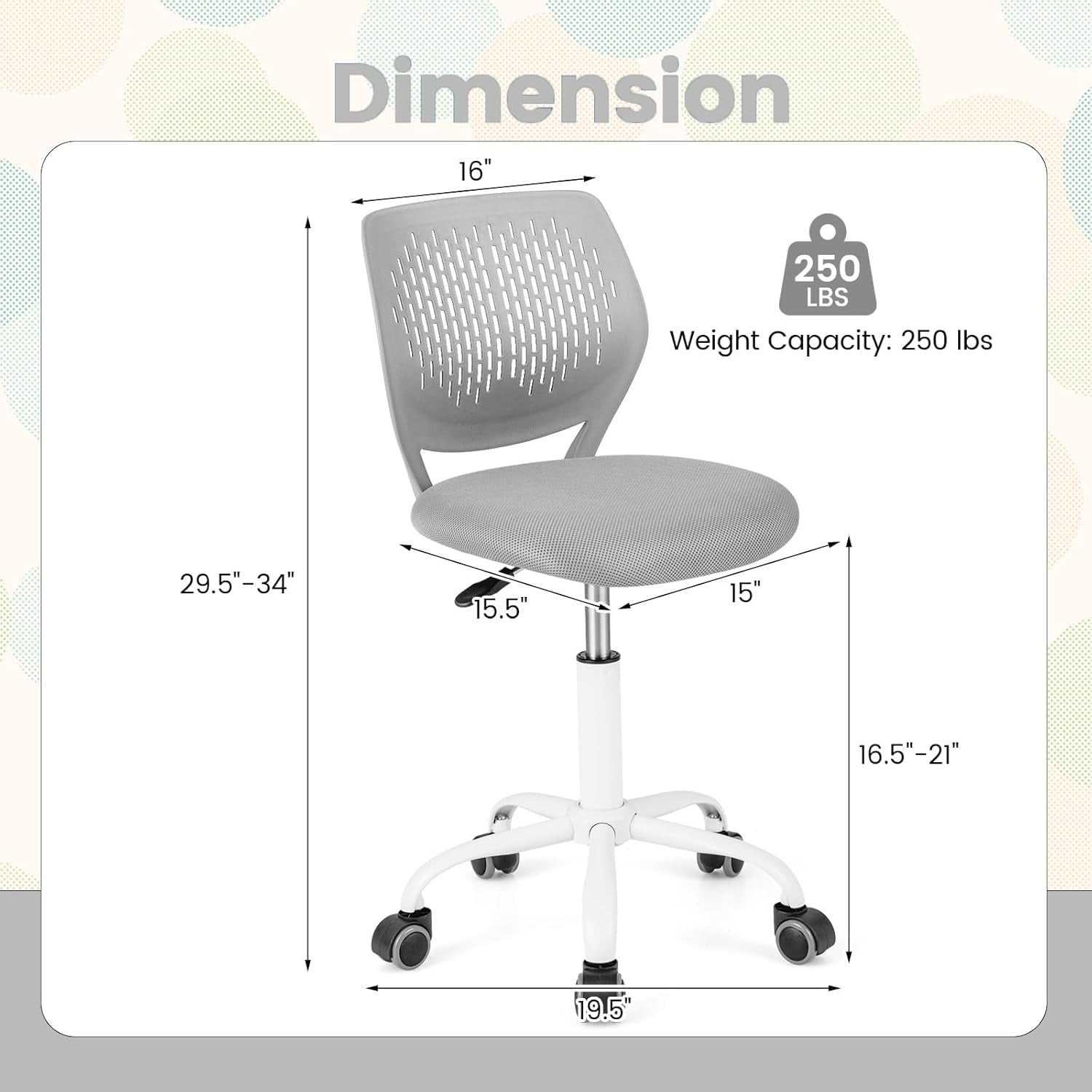 Small Home Office Desk Chair, Swivel Rolling Study Computer Chair, Adjustable Height Task Chair with Armless Mid Back, Upholstered Mesh Seat, Grey