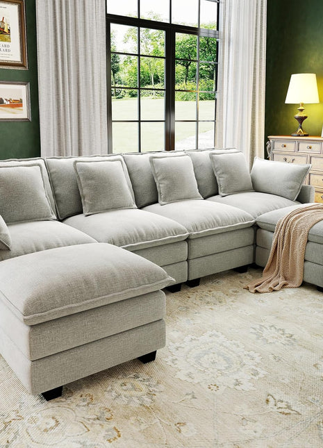 107" U-Shaped Modular Cloud Couch Sectional Sofa, 4-Seat Deep Seating with 6 Removable Washable Pillows and 2 Ottomans, Ideal for Living Room, Bedroom, or Apartment in Light Grey