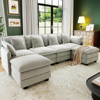 107" Cloud Couch Sectional, U Shaped Modular Sectional Sofa, 4-Seat Deep Seat Couch with 6 Removable Washable Pillows and 2 Ottoman for Living Room, Bedroom, Apartment, Light Grey
