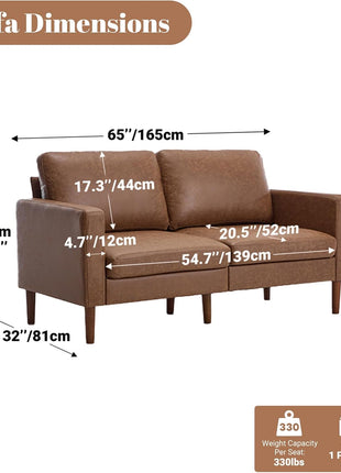 65-Inch Mid-Century Modern Faux Leather Loveseat Sofa with Solid Wood Frame, Ideal for Compact Living Spaces and Bedrooms, Brown