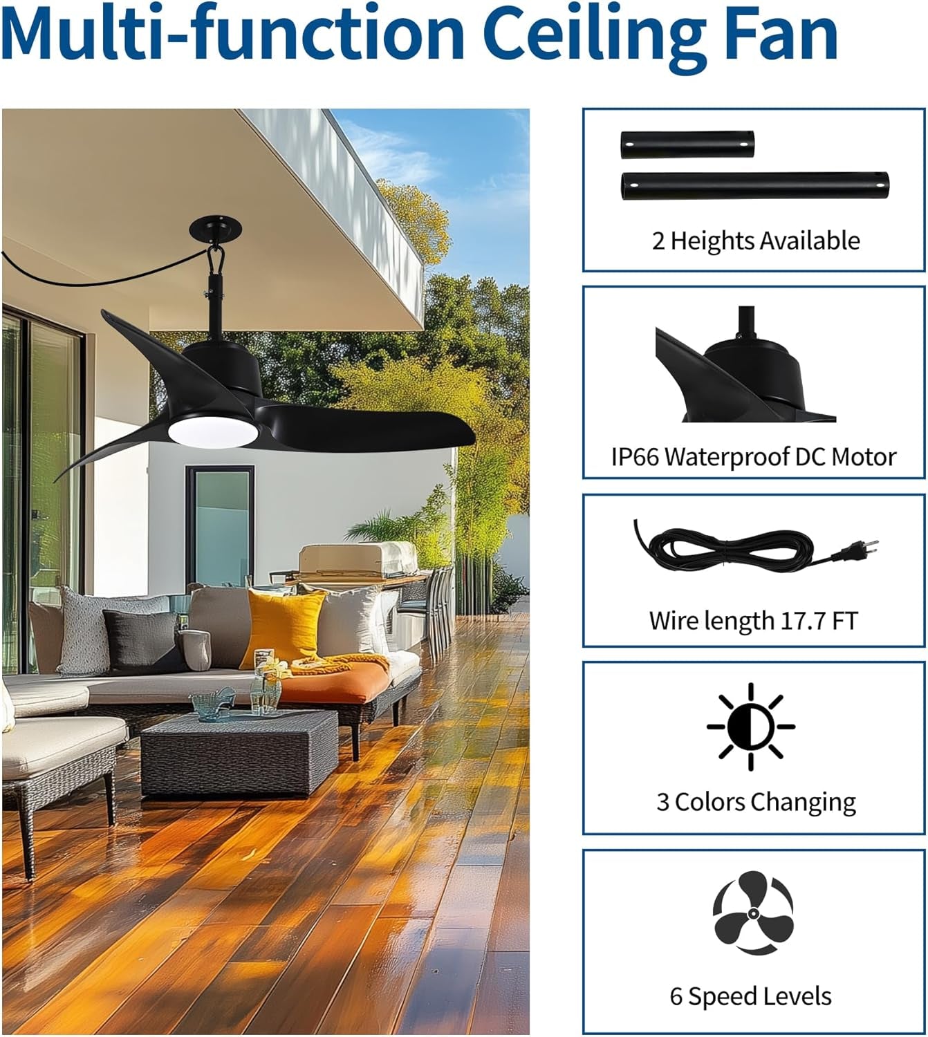 42" Outdoor Ceiling Fans with Lights, IP66 Wet Rated Waterproof Ceiling Fan with Remote Control, 6-Speed DC Motor, Farmhouse Gazebo Fan for Porch Patios Pavilion (Black)