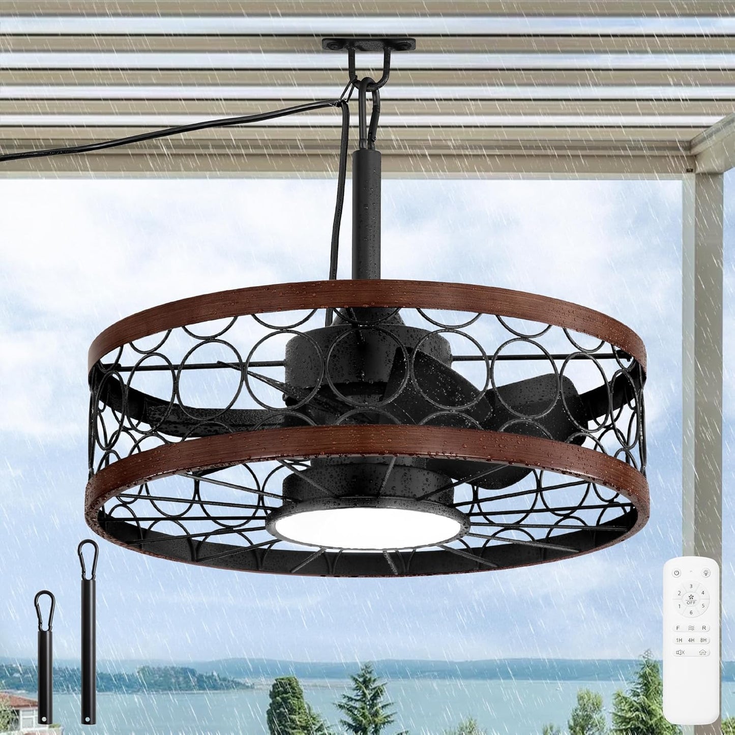 Outdoor Ceiling Fan with Light and Remote,Waterproof Gazebo Fan with Hanging Hook,6 Speeds, 3CCT, 20 Inch Caged Plug in Ceiling Fan for Patios,Porch, Pergola,Canopy