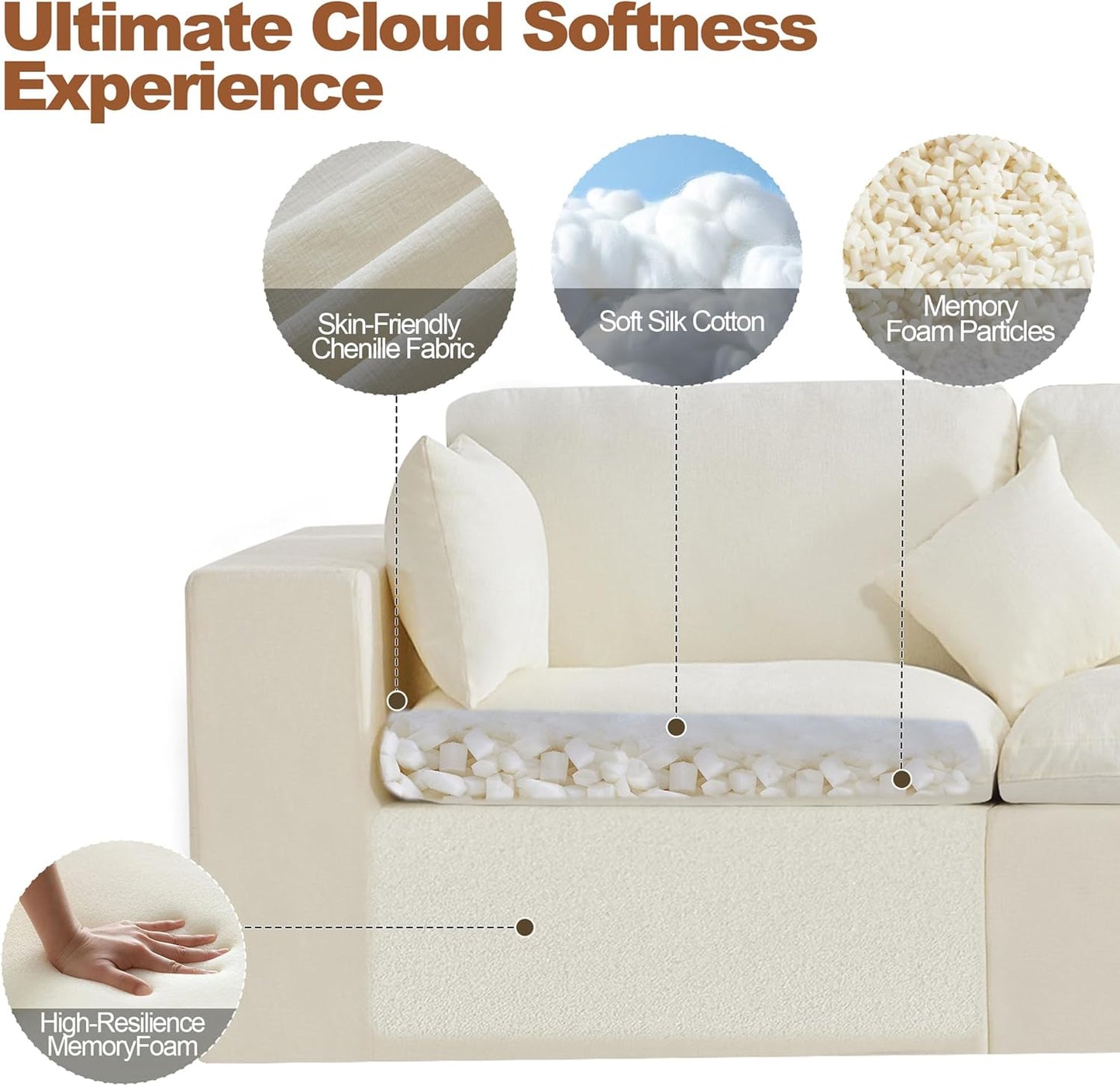 155''Cloud Boneless Sectional Couch, Modular Sectional Sofa Deep Seat with 2 Ottomans, Oversized Upholstered Convertible Comfy 6 Seater Chenille Sofa U Shape Couches for Living Room, Beige