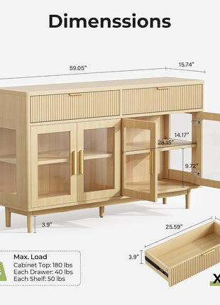 59-Inch Modern Sideboard Buffet Cabinet with Drawers, Adjustable Shelves, and Tempered Glass Doors - Oak Wood Coffee Bar for Kitchen and Living Room