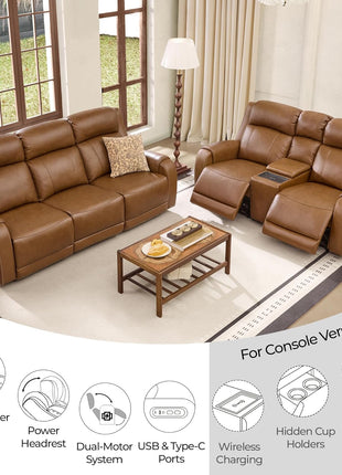 Genuine Leather Power Recliner Sofa with Wall Hugger Design, Dual Motors, USB Charging Ports, Ideal for Living Room and RV, Saddle Leather Finish