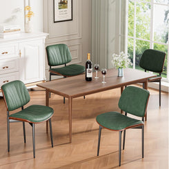 Dining Chairs Set of 4, Mid-Century Modern Upholstered PU Leather Chairs with Walnut Bentwood Back and Metal Legs Adjustable Feet for Kitchen Dining Room, Dark Green Shell Strips