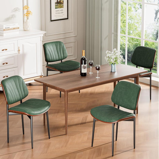 Dining Chairs Set of 4, Mid-Century Modern Upholstered PU Leather Chairs with Walnut Bentwood Back and Metal Legs Adjustable Feet for Kitchen Dining Room, Dark Green Shell Strips
