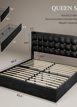 Queen Size Velvet Upholstered Bed Frame with 3 Storage Drawers, RGB LED Lights, Charging Station, and Storage Headboard - No Box Spring Required, Easy Assembly, Noise-Free, Black