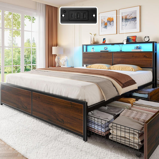 Queen Bed Frame with 4 Storage Drawers, Charging Station and LED Lights, Metal Platform Bed with 2-Tier Storage Headboard, No Box Spring Needed, Easy Assembly, Noise-Free, Walnut