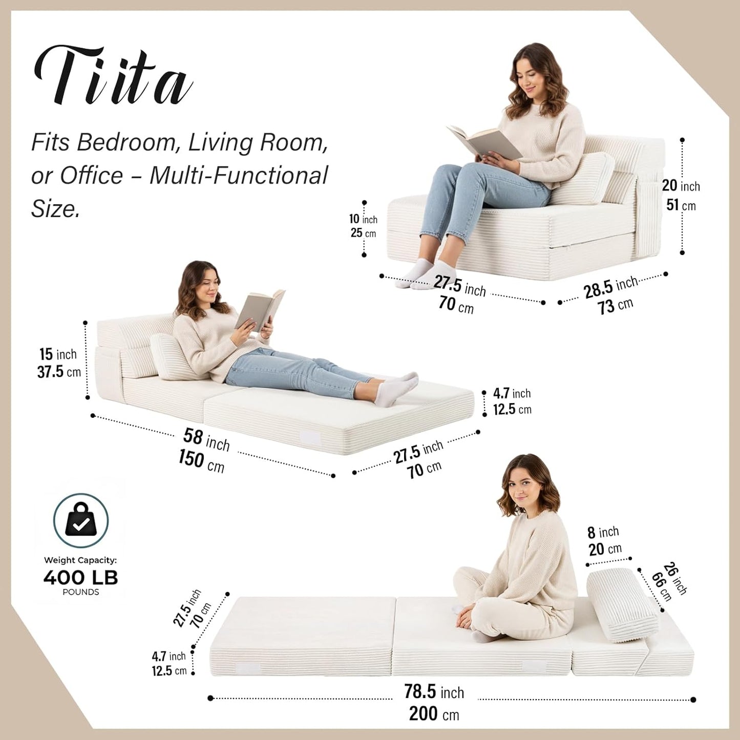 Folding Sofa Bed with Pillow, Memory Foam Fold Out Chair Bed, Single Size Convertible Chair Floor Couch & Sleeping Mattress, Foldable Sleeper Sofa Bed for Guest Room, Living Room, Beige