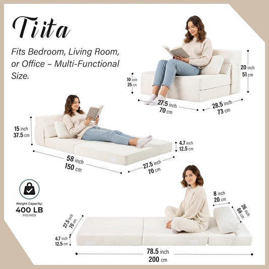 Folding Sofa Bed with Pillow, Memory Foam Fold Out Chair Bed, Single Size Convertible Chair Floor Couch & Sleeping Mattress, Foldable Sleeper Sofa Bed for Guest Room, Living Room, Beige