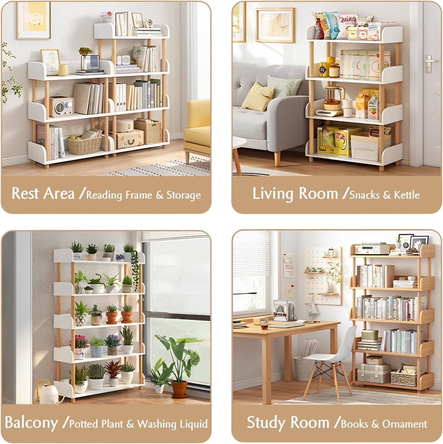 4-Tier Wooden Open Bookcase - Modern Display Bookshelf with Top Edge and Solid Wood Frame for Home and Office, Storage Cabinet, Warm White