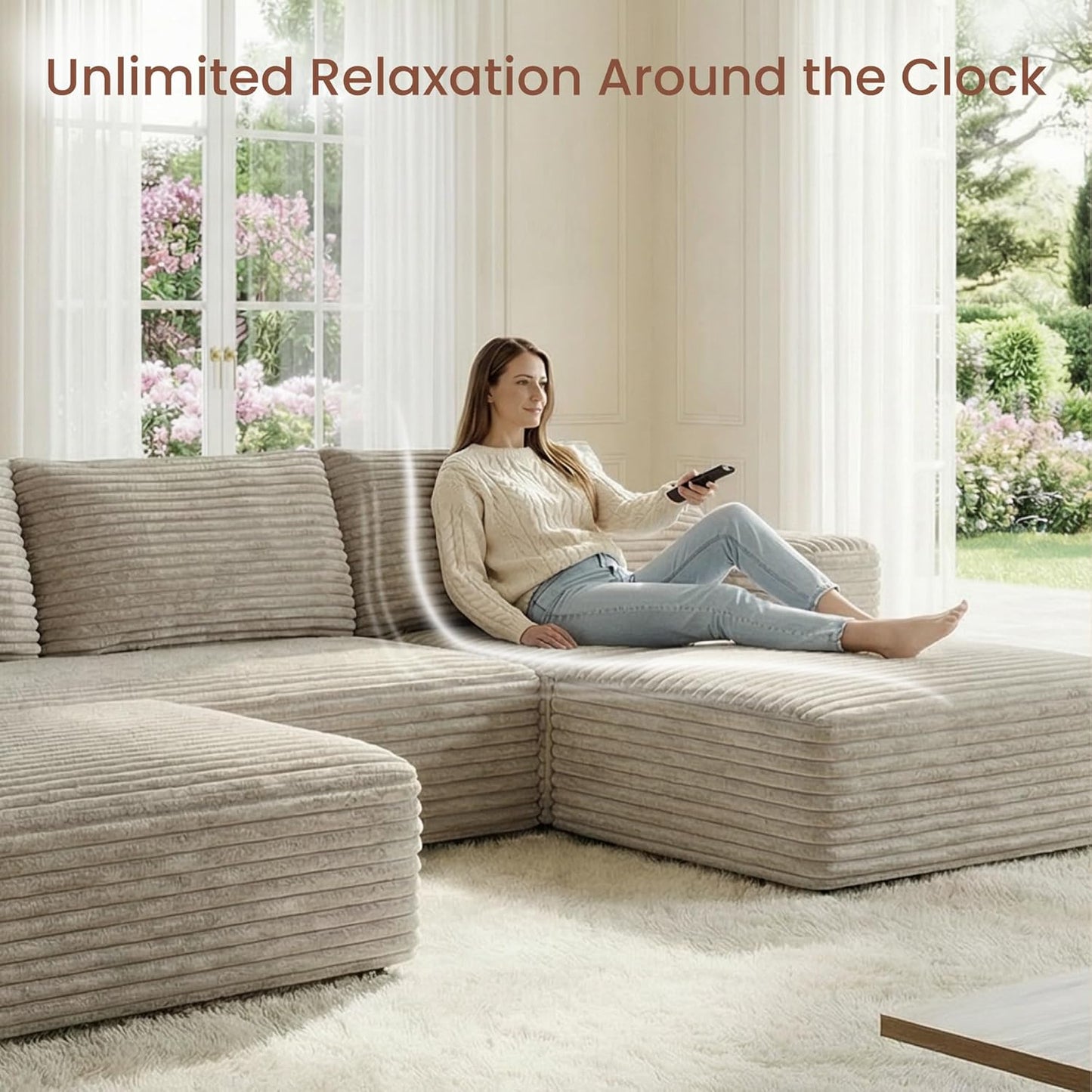Modular Sectional Sofa | 108" Cloud Couch with Cozy Textured Corduroy,U-Shaped Boneless Couch Pit Sofa,High-Density Foam Convertible Floor Couch for Home,1400Lbs Support | Oat Beige | 2 Manageable Boxes