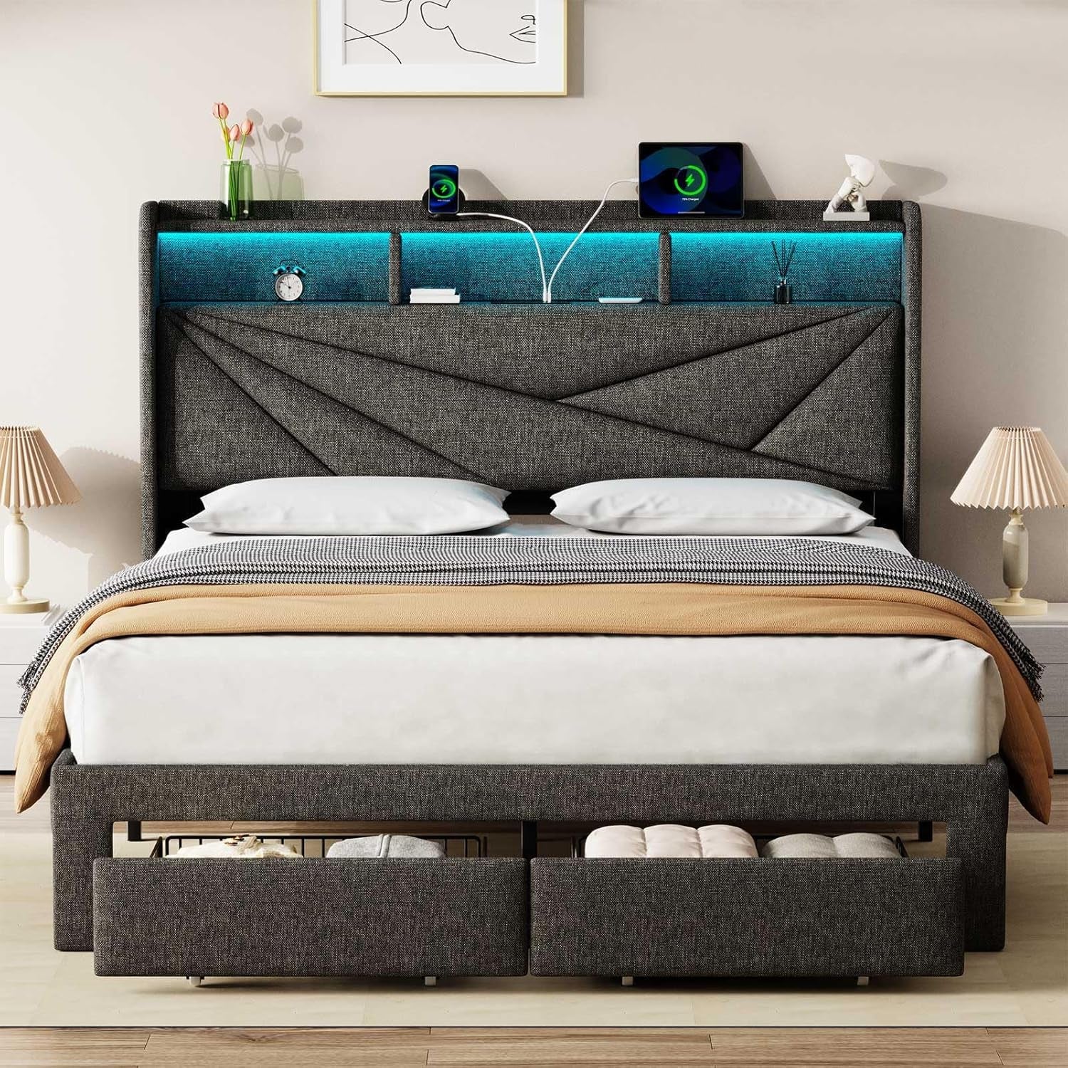 LED Queen Bed Frame with 2 Storage Drawers, Upholstered Bed Frame Queen Size with Headboard and Charging Station, No Box Spring Needed, Easy to Assembly-Dark Grey
