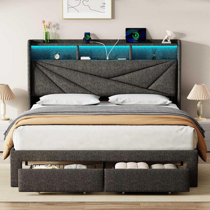 LED Queen Bed Frame with 2 Storage Drawers, Upholstered Bed Frame Queen Size with Headboard and Charging Station, No Box Spring Needed, Easy to Assembly-Dark Grey