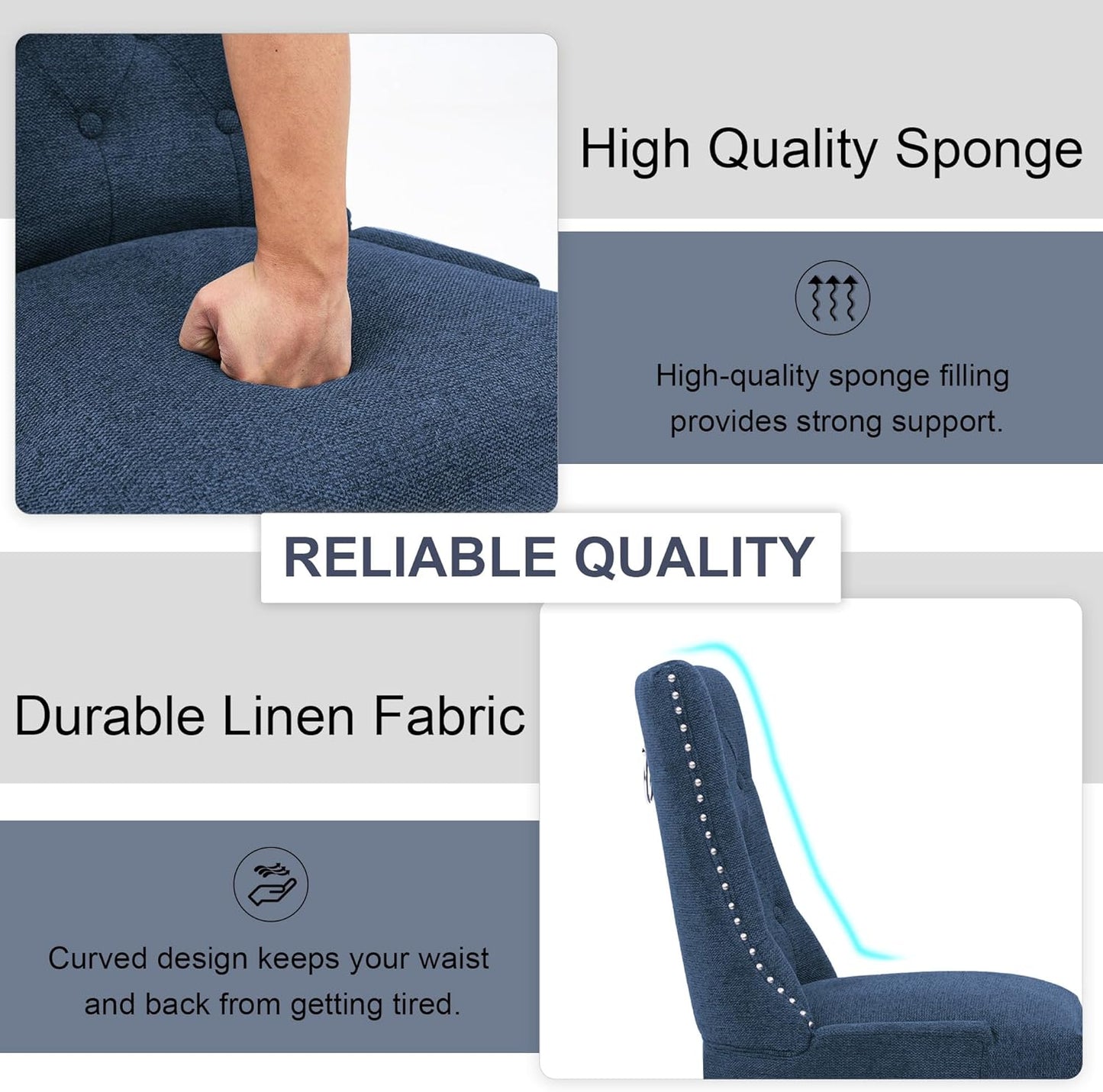 Upholstered Tufted Dining Chairs Set of 4, Fabric Side Dining Room Chairs with Nailhead Back Ring Pull Trim Solid Wood Legs, Dark Blue