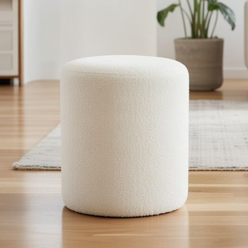 Modern round Ottoman, Classic Foot Stool Ottoman, Teddy Fleece Upholstered Vanity Stool for Makeup, Bedroom, Living Room, White