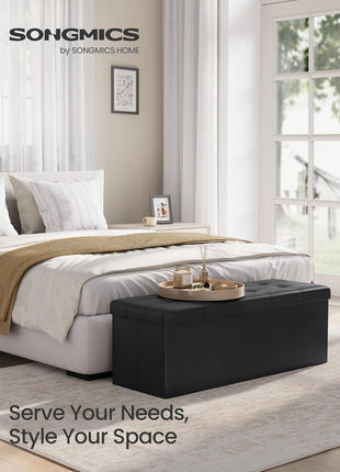 MAZIE Collection 43-Inch Synthetic Leather Folding Storage Ottoman Bench, 660 lb Weight Capacity, Black