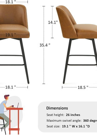 Set of 2 Contemporary Upholstered 360° Swivel Counter Height Bar Stools with High Backs, 26-Inch Seat Height, Faux Leather in Saddle Brown