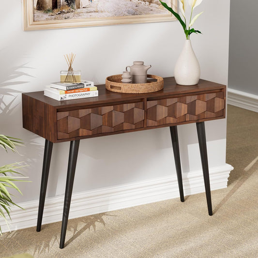 Console Modern Mid-Century 2 Drawers, Unique Geometric Design Sofa Table for Entryway, Hallway, Living Room, Walnut