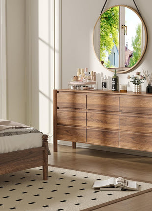 3-Piece Bedroom Dresser Set: 9-Drawer Dresser and 2 Nightstands in 47" Wide Walnut Finish with Solid Wood Cylindrical Legs, Rustic Wooden Storage Solution for Bedroom