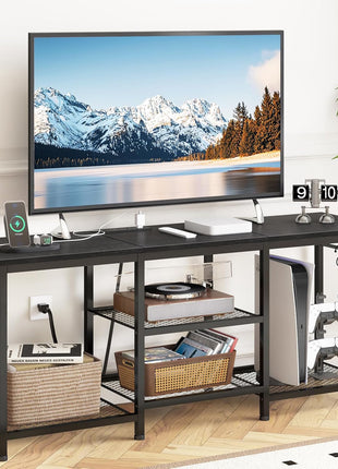 TV Stand for Up to 55-Inch TVs, Entertainment Center with Power Outlet and Open Storage Shelves, Black Console Table for Living Room and Bedroom