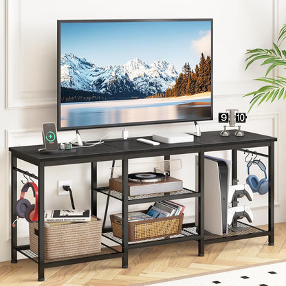 Entertainment Center for up to 55 Inch Tvs, TV Stand with Power Outlet and Open Storage Shelves, TV Media Console Table for Living Room and Bedroom, Black