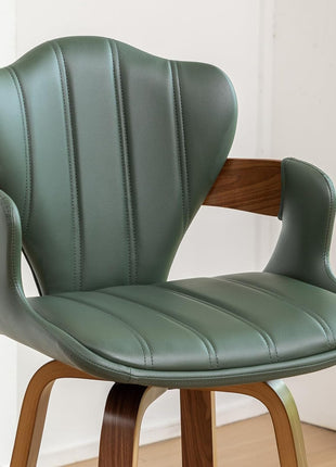 Set of 2 Mid-Century Modern 30-Inch Swivel Bar Stools with Arms, Green Faux Leather Upholstery and Walnut Wood Frame, Fishtail Back Design