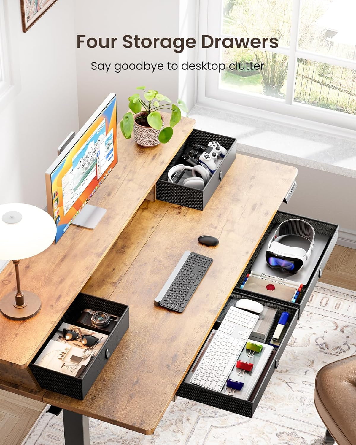 Electric Standing Desk with 4 Drawers, Height Adjustable Desk with Storage, C-Clamp Mount Compatible, Computer Home Office Table with Cable Management Tray