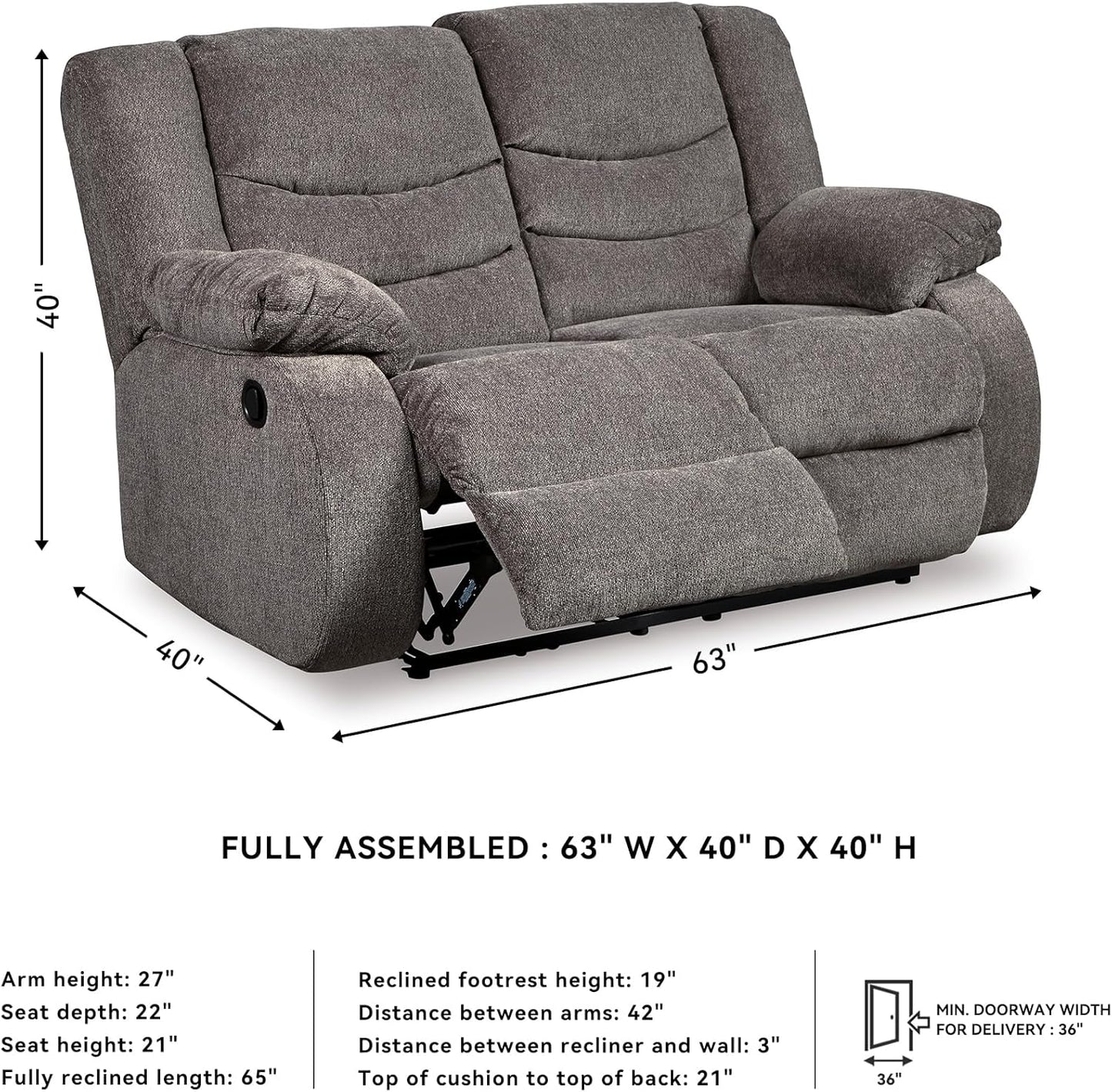 Tulen Reclining Loveseat, Dual-Sided Recliner, Pull Tab Reclining Motion, Fabric Upholstery, 63" W X 40" D X 40" H, Dark Gray