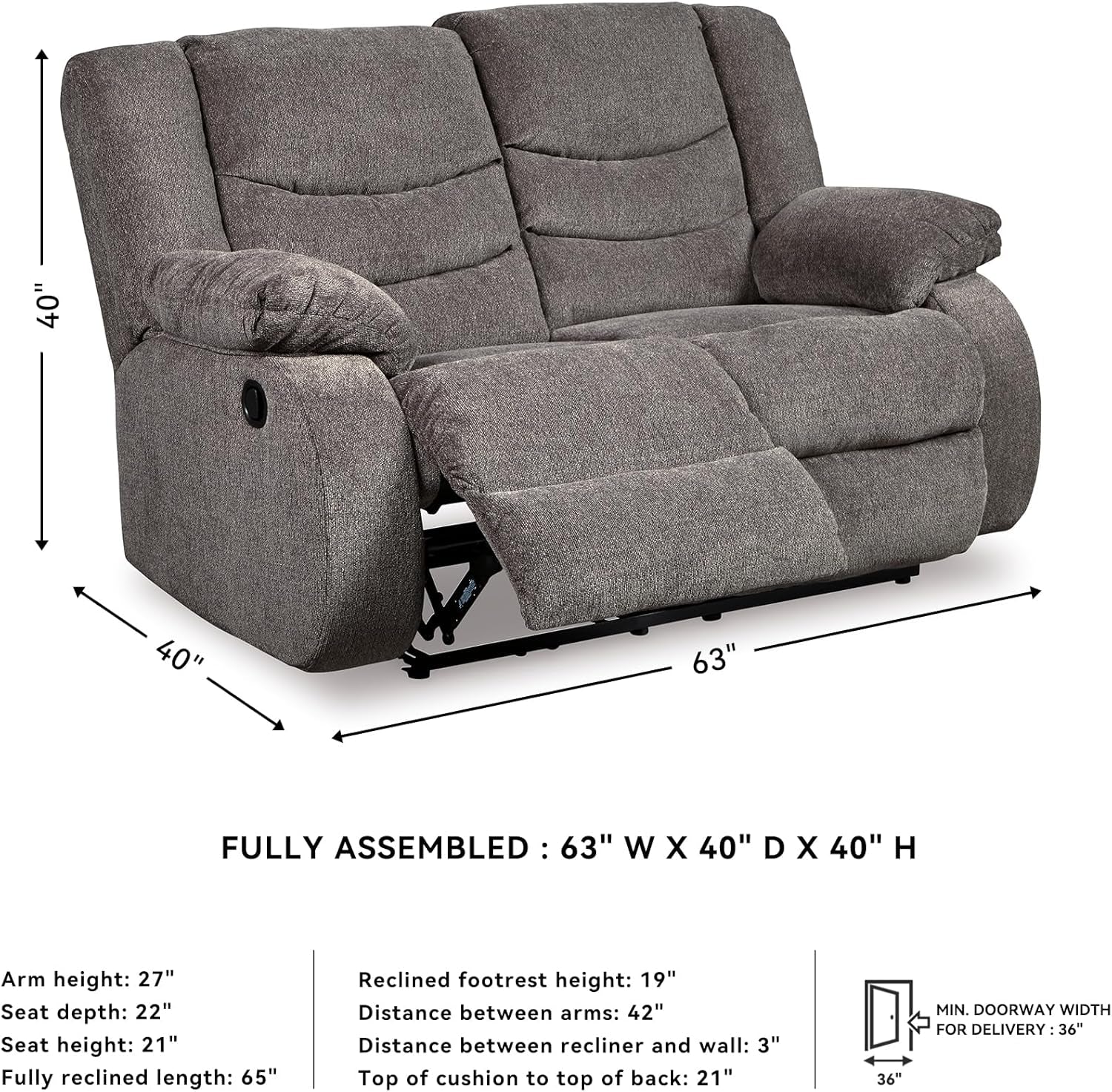 Tulen Reclining Loveseat, Dual-Sided Recliner, Pull Tab Reclining Motion, Fabric Upholstery, 63" W X 40" D X 40" H, Dark Gray
