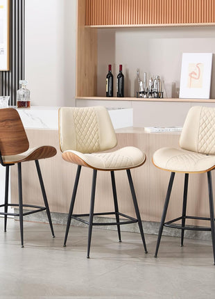 Set of 3 Modern Counter Height Barstools, 26.9" Armless Design with Metal Legs, Walnut Finish, PU Leather Bentwood Chairs for Home Counter, Kitchen Island, and Cafe (Beige)