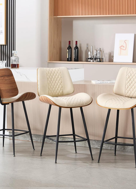 Set of 3 Modern Counter Height Barstools, 26.9" Armless Design with Metal Legs, Walnut Finish, PU Leather Bentwood Chairs for Home Counter, Kitchen Island, and Cafe (Beige)