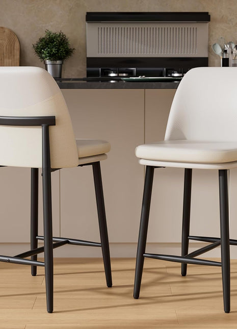 Set of 2 Modern Upholstered Counter Height Bar Stools, 26-Inch with Backrest, Textured Leather and Fabric, Metal Legs for Kitchen Island and Dining Room, White