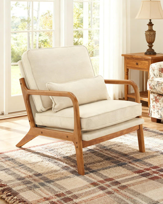 Accent Chair Mid-Century Modern Chair with Pillow Linen Fabric Upholstered Lounge Arm Chair with Solid Wood Frame & Soft Cushion for Living Room, Bedroom, Balcony, Beige
