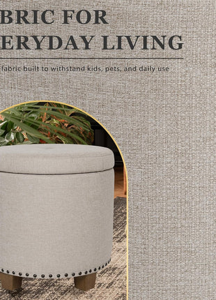 Upholstered Round Storage Ottoman with Nailhead Trim in Light Brown Fabric for Living Room and Bedroom