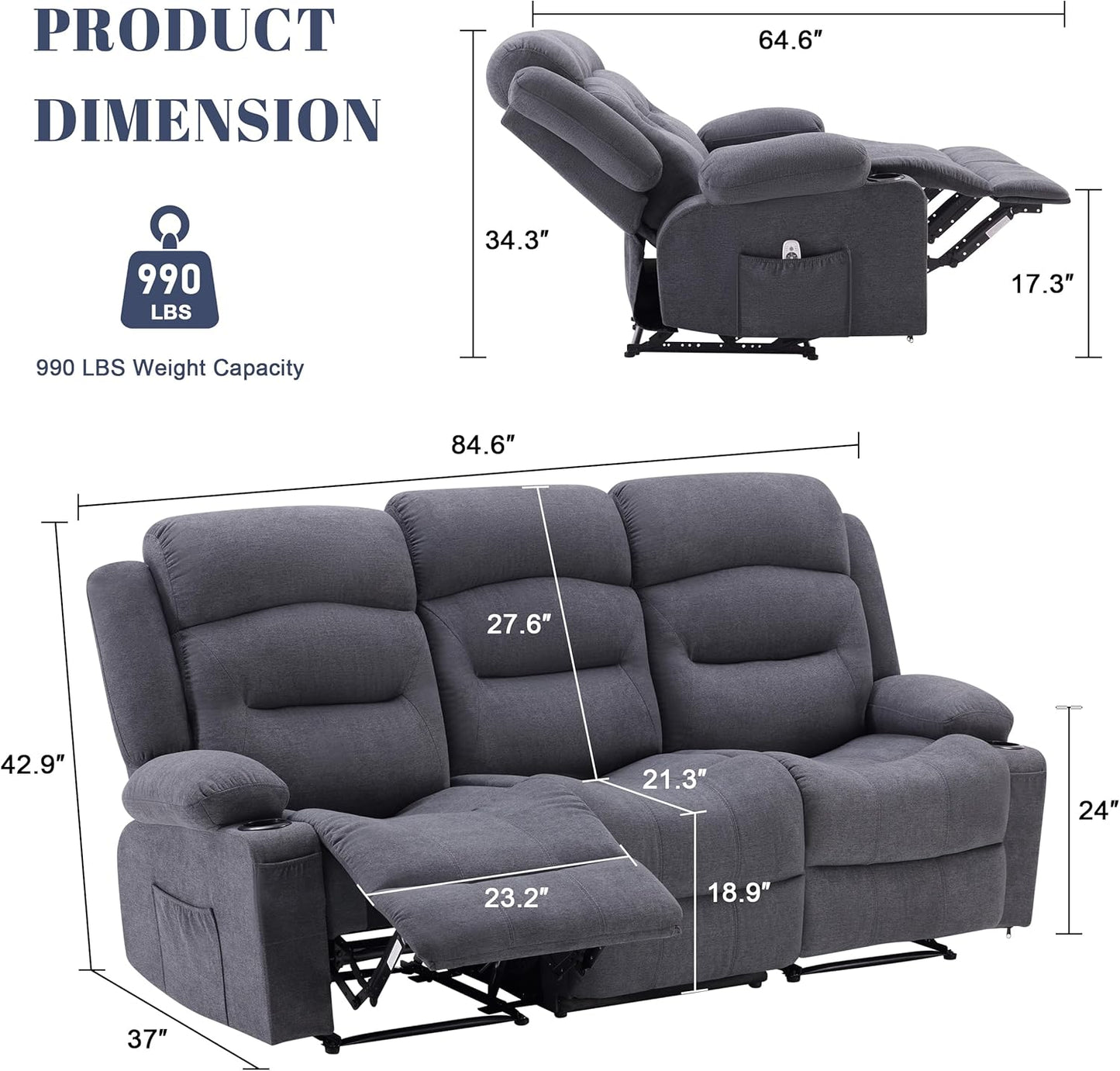 Oversized Recliner Sofa with Heat and Massage, Wall-Hugger Reclining Sofa with Cup Holders and USB Port, Big Large 3-Seater RV Recliner Couch Sofa for Living Room (Fabric, Grey)
