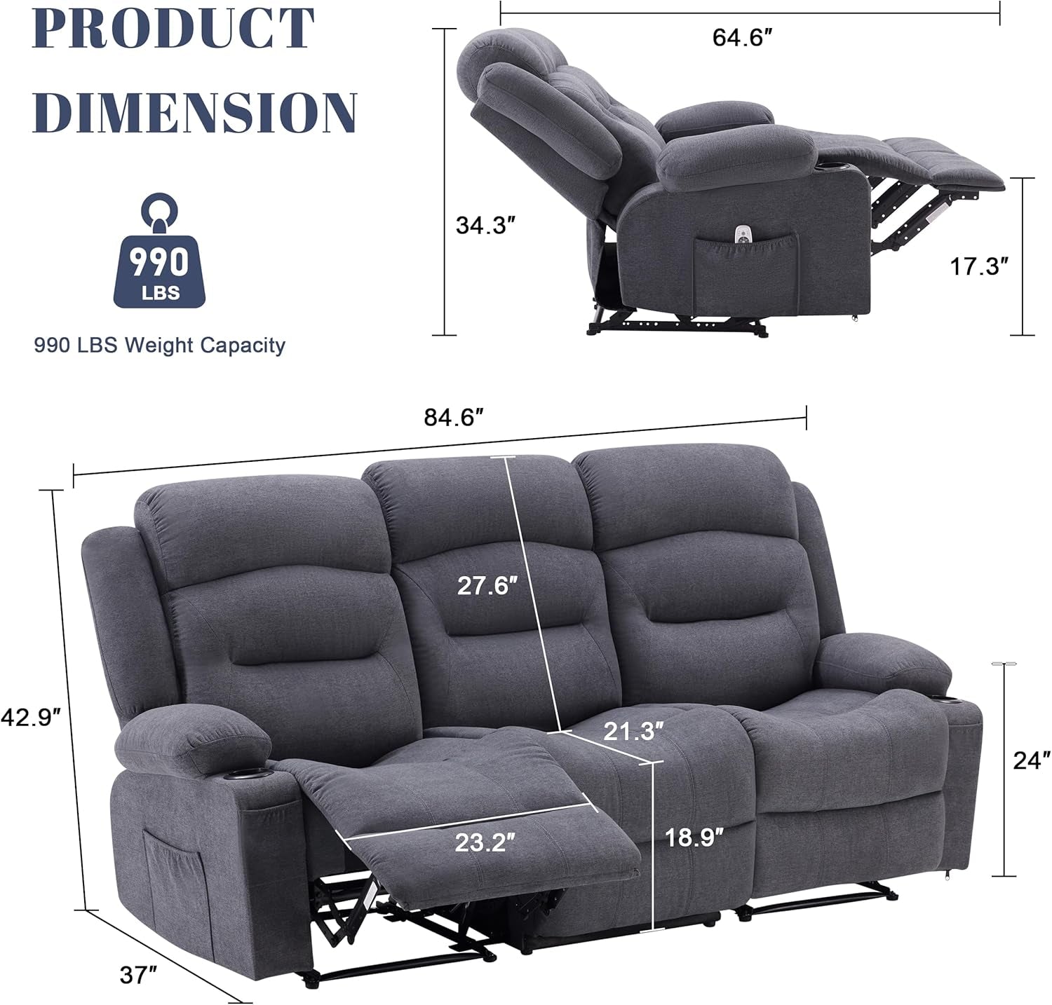 Oversized Recliner Sofa with Heat and Massage, Wall-Hugger Reclining Sofa with Cup Holders and USB Port, Big Large 3-Seater RV Recliner Couch Sofa for Living Room (Fabric, Grey)