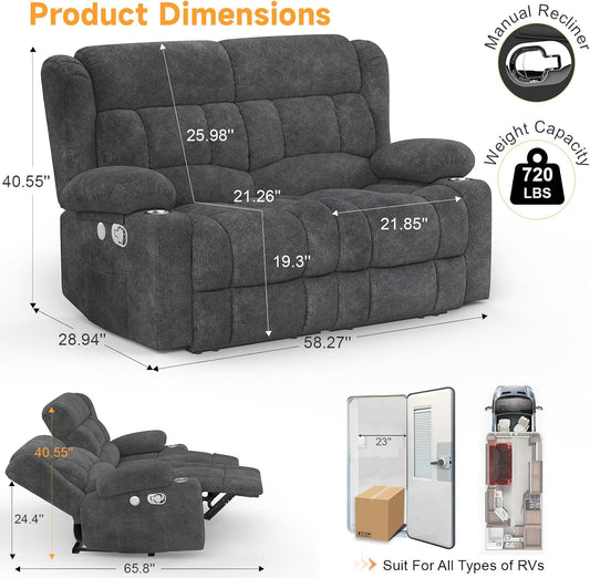 RV Loveseat Recliner Sofa, Wall Hugger Reclining Loveseat RV Couch with USB Ports, Cup Holders, Pockets, 150° Adjustable RV Furniture Velvet Fabric Recliners for Travel & Home Theater Seating