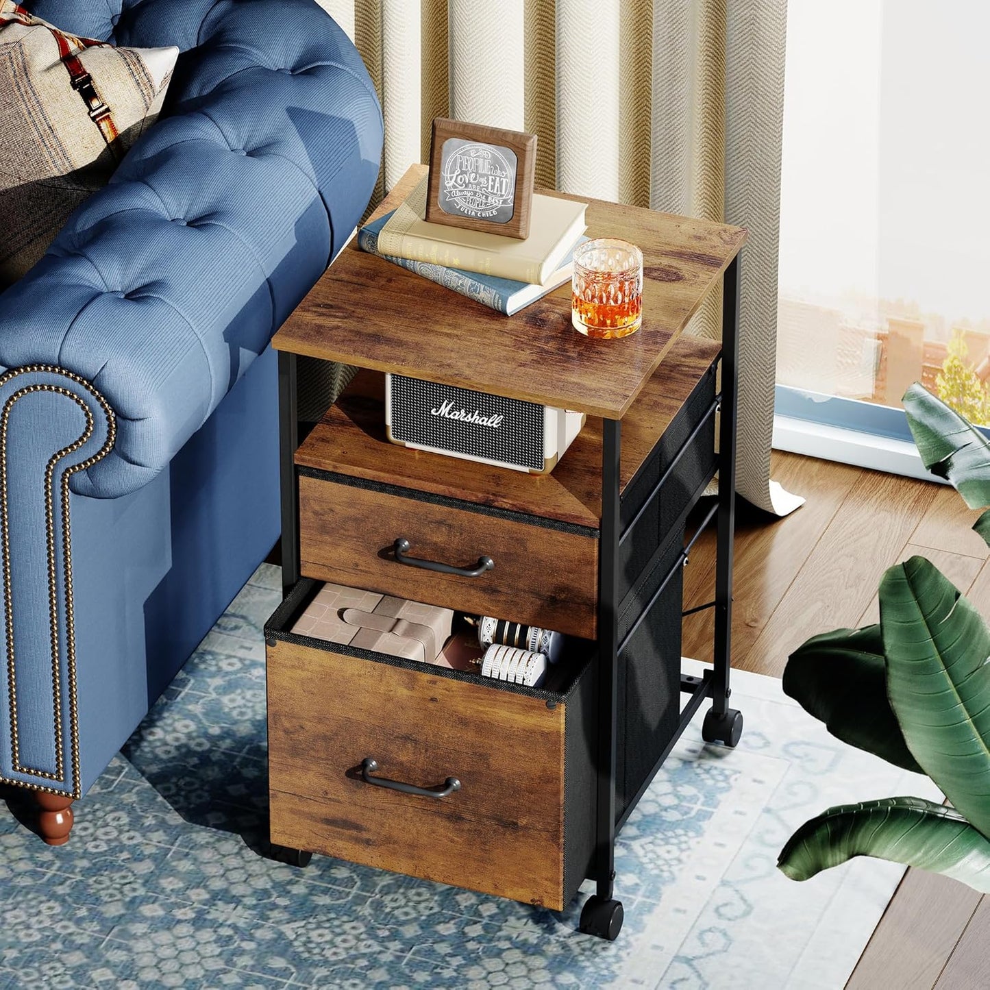 2 Drawer Mobile File Cabinet, Rolling Printer Stand with Open Storage Shelf, Fabric Vertical Filing Cabinet Fits A4 or Letter Size for Home Office, Rustic Brown Wood Grain Print