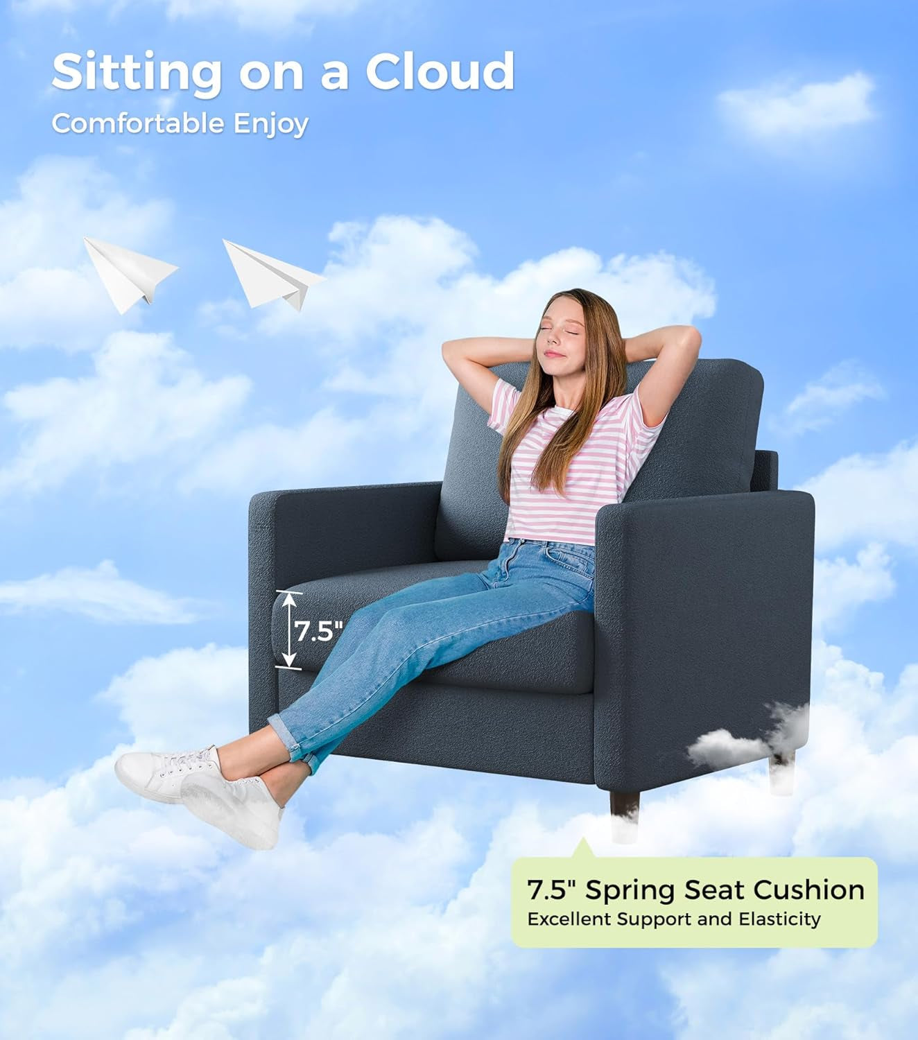 Sofa Accent Chair, 33" Reading Chair for Bedroom, Tool-Free Setup Living Room Accent Chairs, Comfy Arm Chairs Living Room, All-Wood Reading Nook, Blue Grey